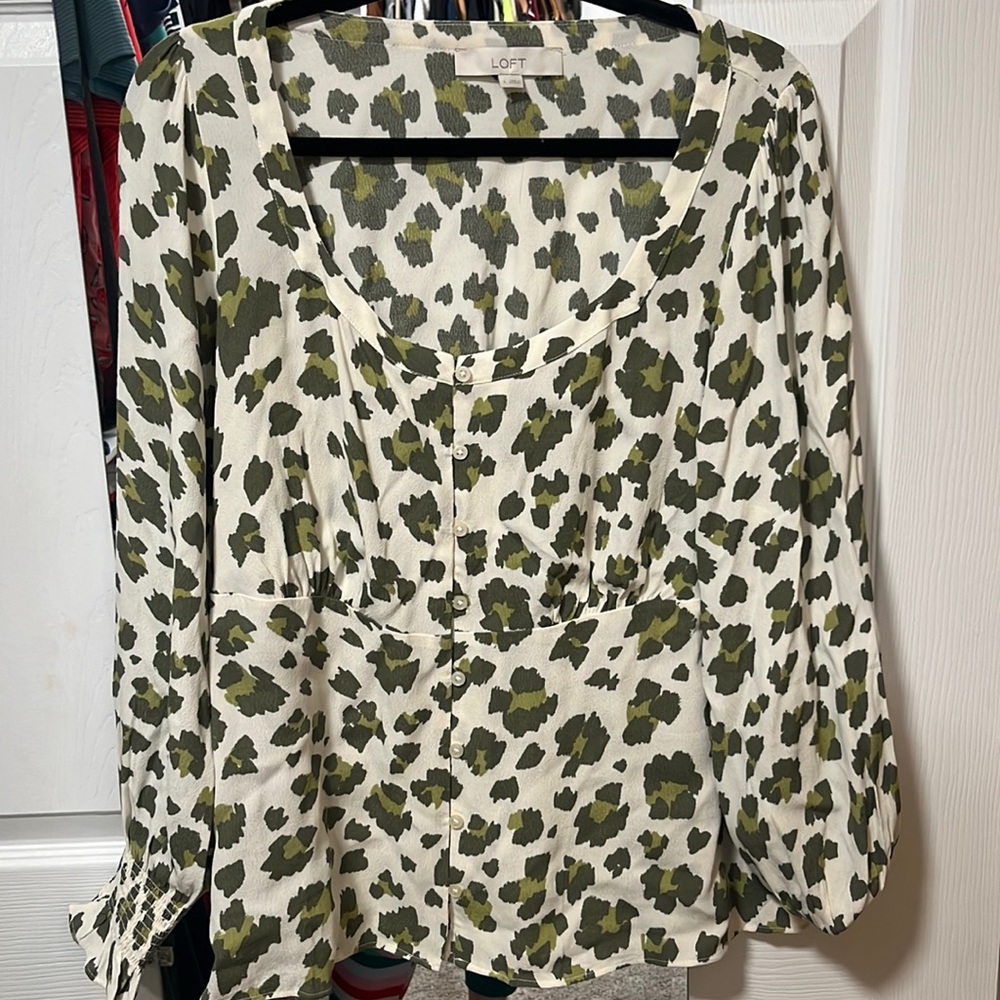 Loft green cream print blouse